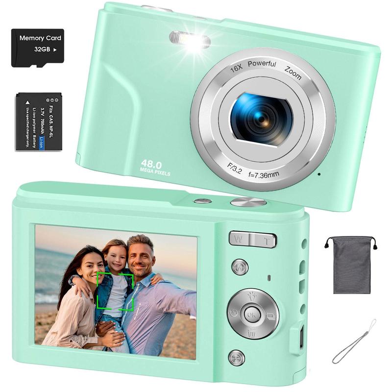 Auto Focus Digital Camera, 1 Count Full HD 1080P 48MP Mini Digital Cameras with 32G Memory Card, Ff (F 3.2, f=7.36mm), 16x Zoom Cameras for Pictures, Mini Camera, Digital Cameras for Teenagers Beginners, Point Shoot Cameras