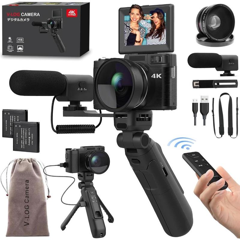 4K 48MP Remote Control Vlogging Camera for Vloggers  Digital Camera with Creator Accessory Kit Autofocus Flip Screen Photography Cameras with Tripod Grip, Wide-angle Macro lens, Mic, Batteries For Photographer Full HD Camcorder with Remote and Fill Light