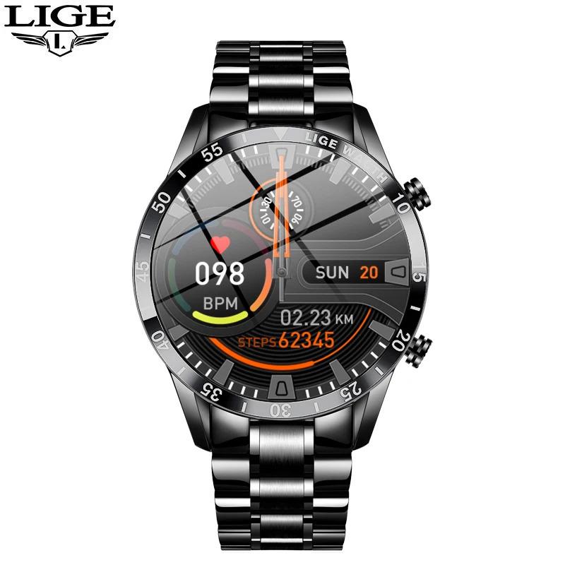 LIGE Luxury Full Circle Touch Screen Men Smart Watch Bluetooth Call Steel Band Waterproof Sports Fitness Watch For Android IOS