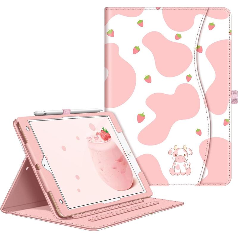 Multi-Angle Viewing Stand Cover with Pocket & Pencil Holder, Auto Sleep Wake, Strawberry Cow