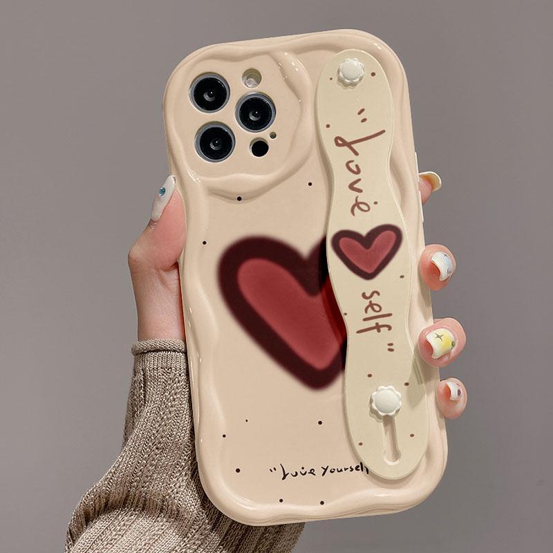 Creative Heart Pattern Phone Case with Wristband, Decorative Phone Protector Cover, Fashion Phone Accessories Compatible with iPhone 15 14 13 12 11 8 7 Series