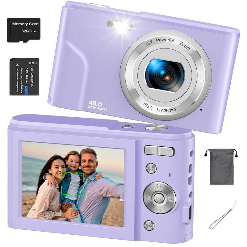 Auto Focus Digital Camera, 1 Count Full HD 1080P 48MP Mini Digital Cameras with 32G Memory Card, Ff (F 3.2, f=7.36mm), 16x Zoom Cameras for Pictures, Mini Camera, Digital Cameras for Teenagers Beginners, Point Shoot Cameras