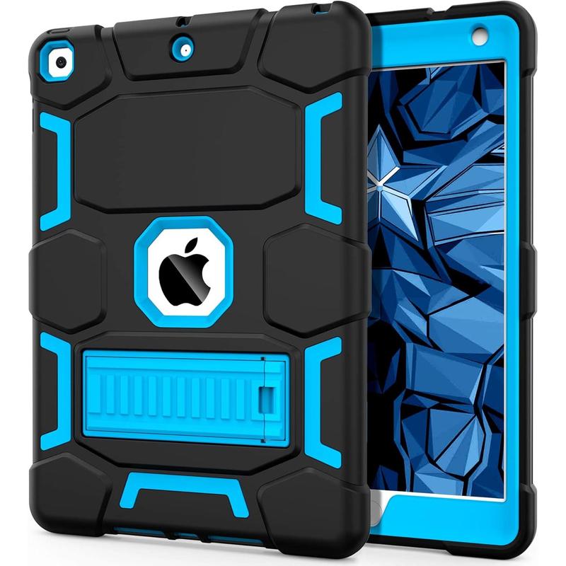 For iPad 9th Generation Case, iPad 8th 7th Generation Case, iPad 10.2   2019 Case with Kickstand, Heavy Duty Shockproof Hybrid Three Layer Protective Cover for  Boys, Black+Sky Blue Accessories Computer