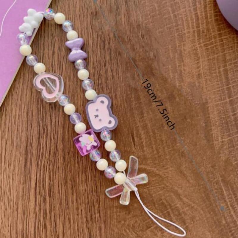 Cute Bear & Heart & Bowknot Design Beaded Phone Chain, Short Phone Decorative Lanyard, Convenient Phone Strap for Women & Girls