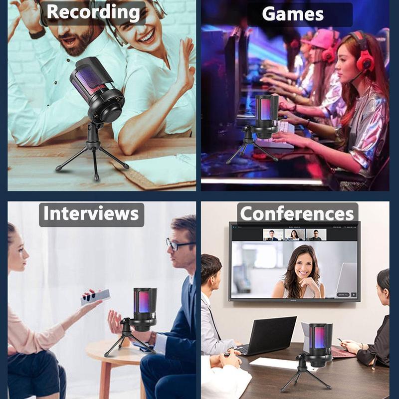 USB Microphone with Shockproof Stand & Colorful RGB Light, Plug & Play Noise Cancelling Microphone for Recording, Conferences & Gaming