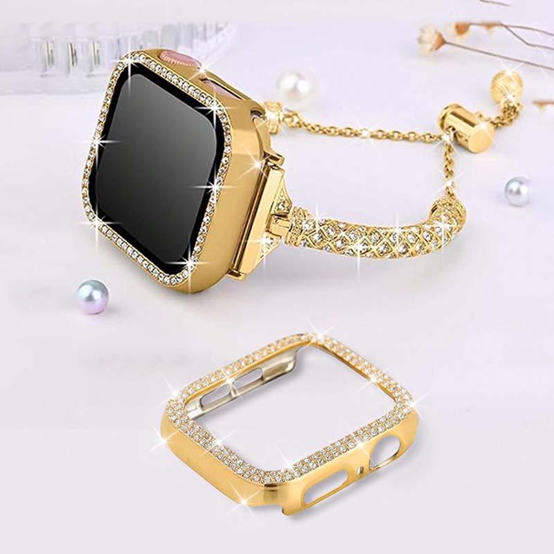 Luxury Rhinestone Decor Watch Band & Watch Case (2 Counts set), Adjustable Watch Band & Watch Case Set, Smart Watch Accessories for Apple Watch Ultra 2 1 SE S10 9 8 7 6 5 4 3