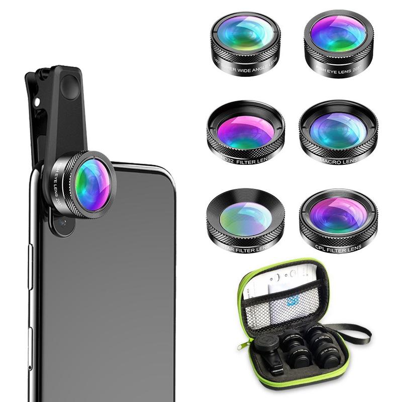 APEXEL 6 in 1 Phone Lens Kit, 205° Fisheye Lens & 25X Macro Lens & 140° Wide Angle Lens & CPL Lens & Star Filter & ND Filter, Phone Photography Accessories