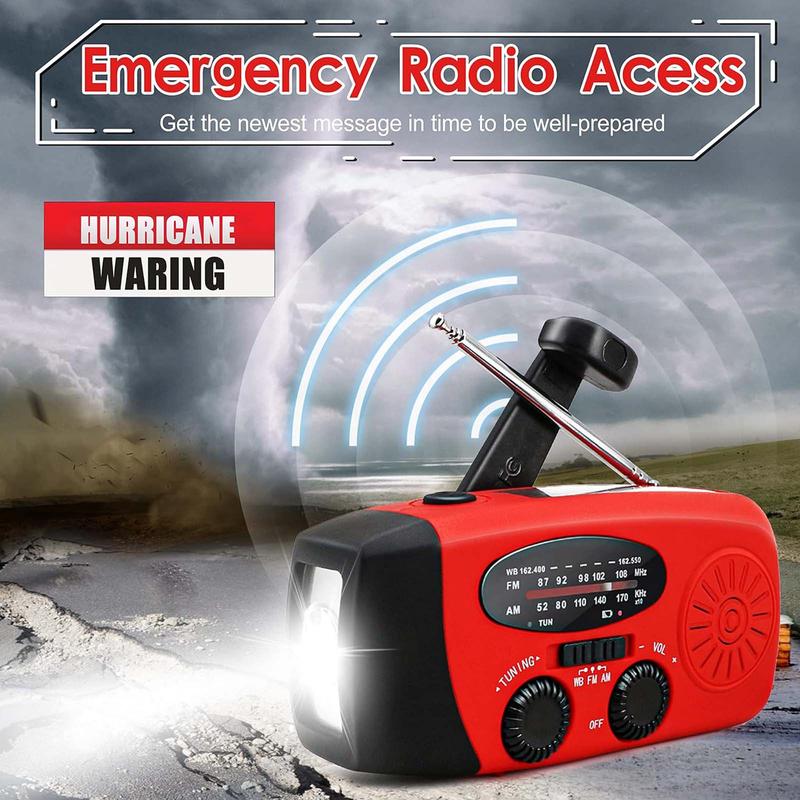 Portable Mini Emergency Radio! FM AM NOAA, hand crank solar powered. 2000mAh battery, SOS alert, 3 LED flashlight & phone charger.