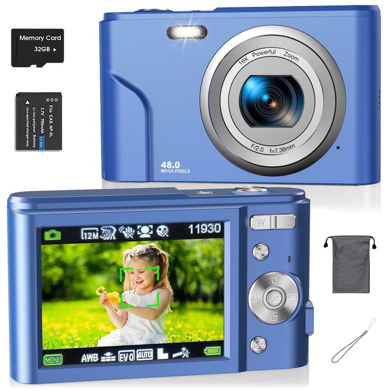 Auto Focus Digital Camera, 1 Count Full HD 1080P 48MP Mini Digital Cameras with 32G Memory Card, Ff (F 3.2, f=7.36mm), 16x Zoom Cameras for Pictures, Mini Camera, Digital Cameras for Teenagers Beginners, Point Shoot Cameras