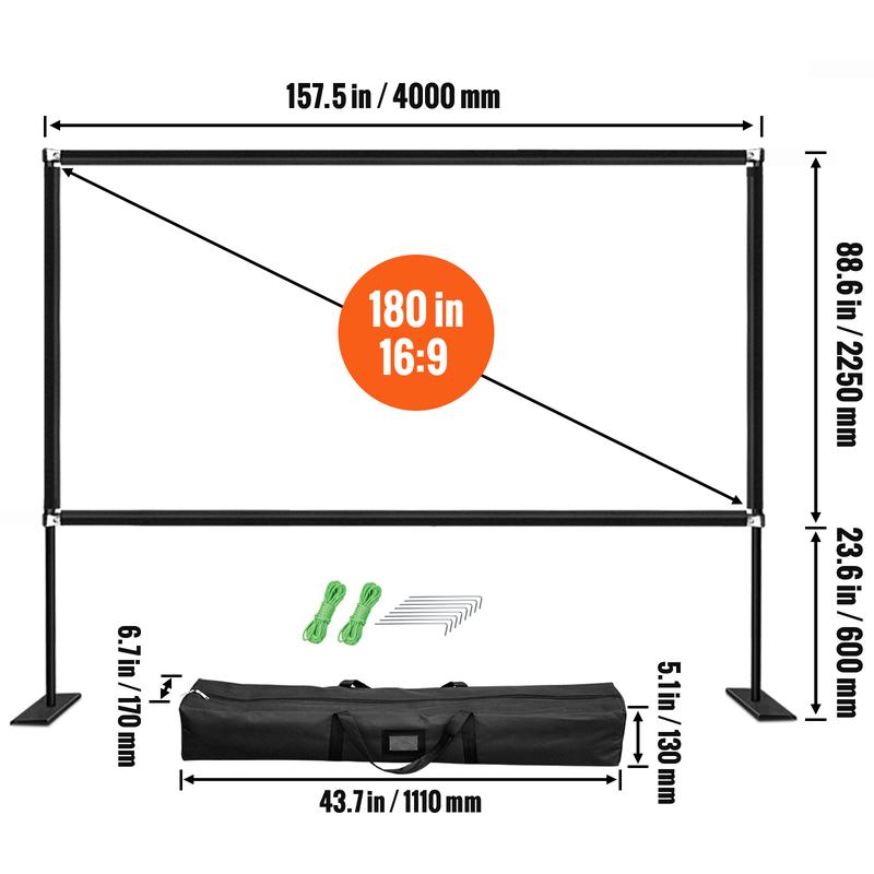 VEVOR Movie Screen with Stand 180inch Portable Projector Screen 16:9 4K HD Wide Angle Outdoor Projector Screen with Stand Easy Assembly with Storage Bag for Indoor and Outdoor Use