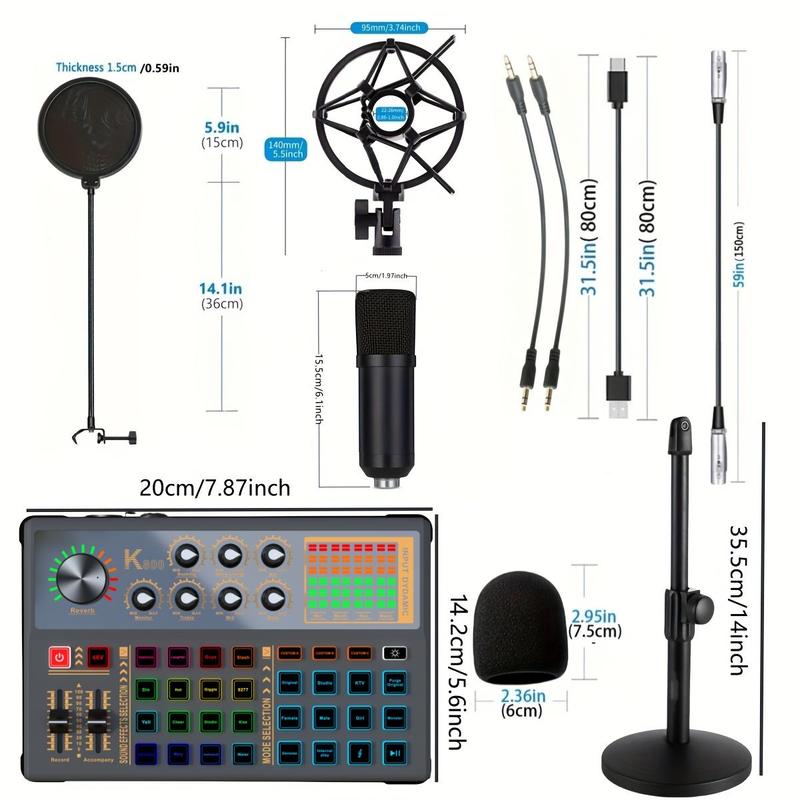 Professional Podcast Equipment Bundle, Podcast Microphone & K800 Sound Card Set with Audio Interface for Recording, Singing, Streaming Media, Games