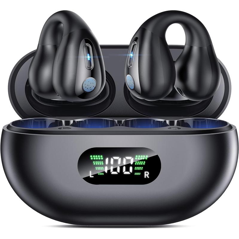 Open Ear Clip Headphones, Wireless Earbuds Bluetooth 5.3 Sports Earphones Built-in Mic with Ear Hooks, 36H Playtime Charging Case LED Audio Electronic