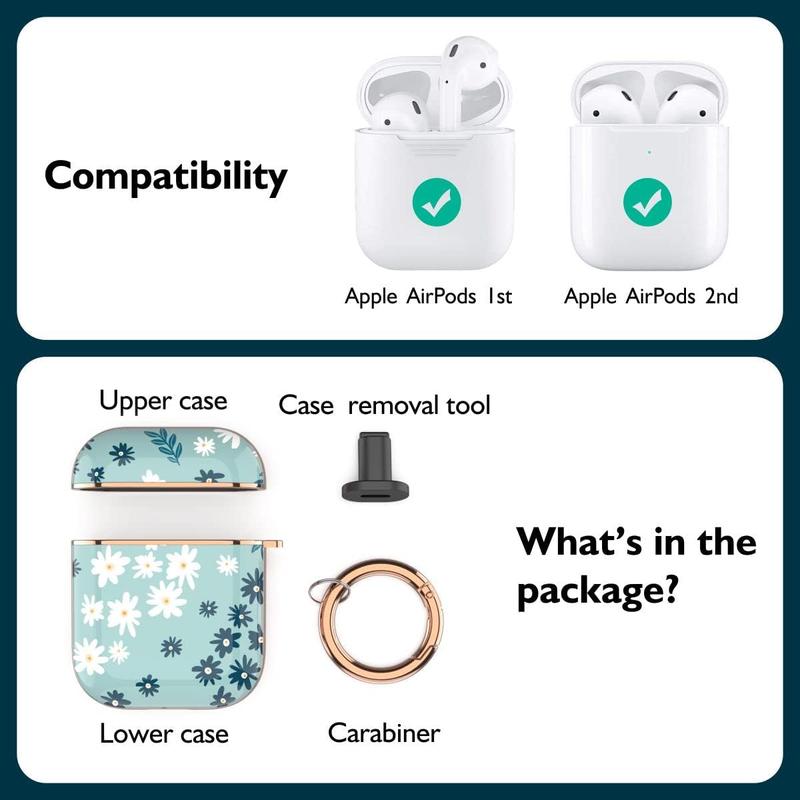 Case Cover for AirPods 1&2, Stylish AirPods Case for Women Girls, Flower Patterns Protective Hard Case with Clip (Cyan)