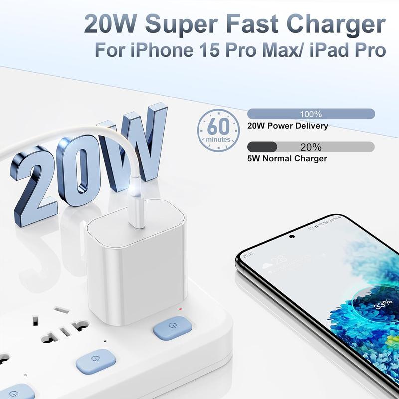 2-Pack 20W Super Fast Charger with 6FT 10FT Type-C to C Cable for iPhone 16 15,iPad Pro 12.9 11,Air,Mini, and USB Mobile Smartphone Charging Device