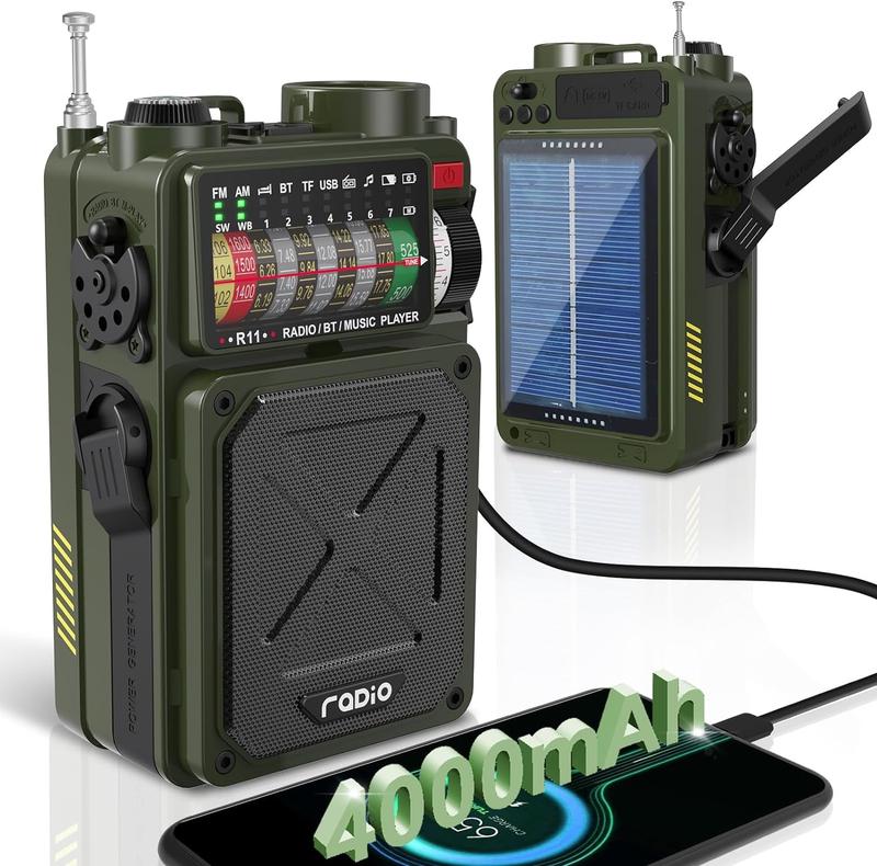 4000mAh Military-Grade NOAA Weather Radio with AM FM WB SW, Bluetooth, Flashlight, SOS Alarm & Solar Power for Hurricane Preparedness & Tactical Outdoor Survival