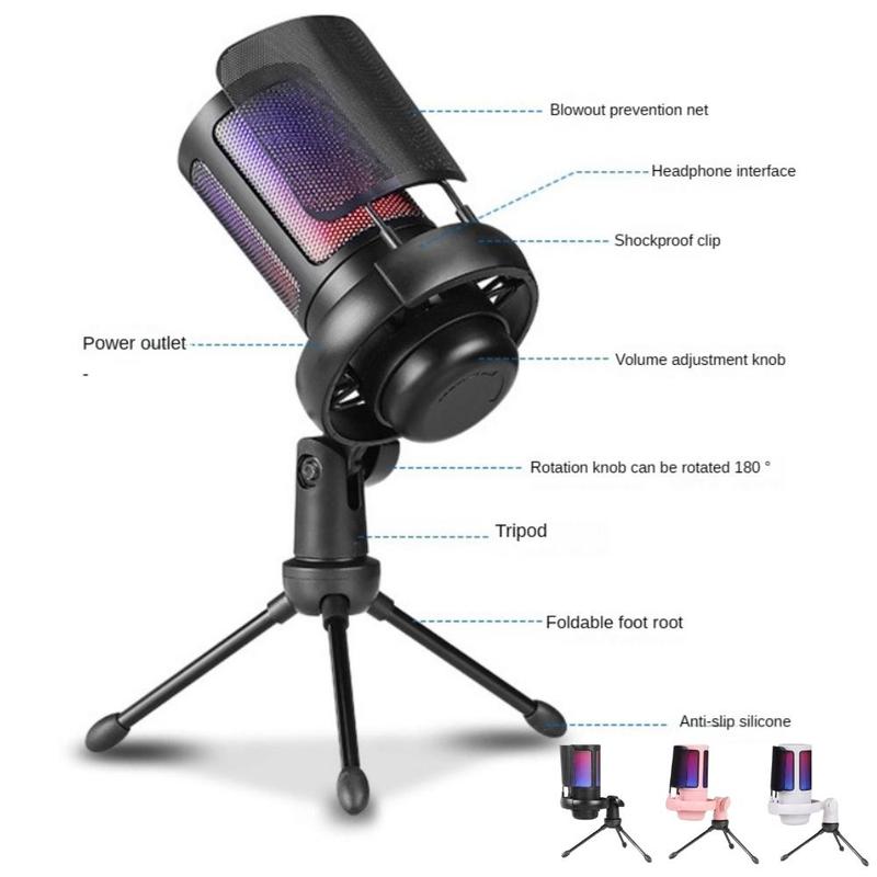 USB Microphone with Shockproof Stand & Colorful RGB Light, Plug & Play Noise Cancelling Microphone for Recording, Conferences & Gaming