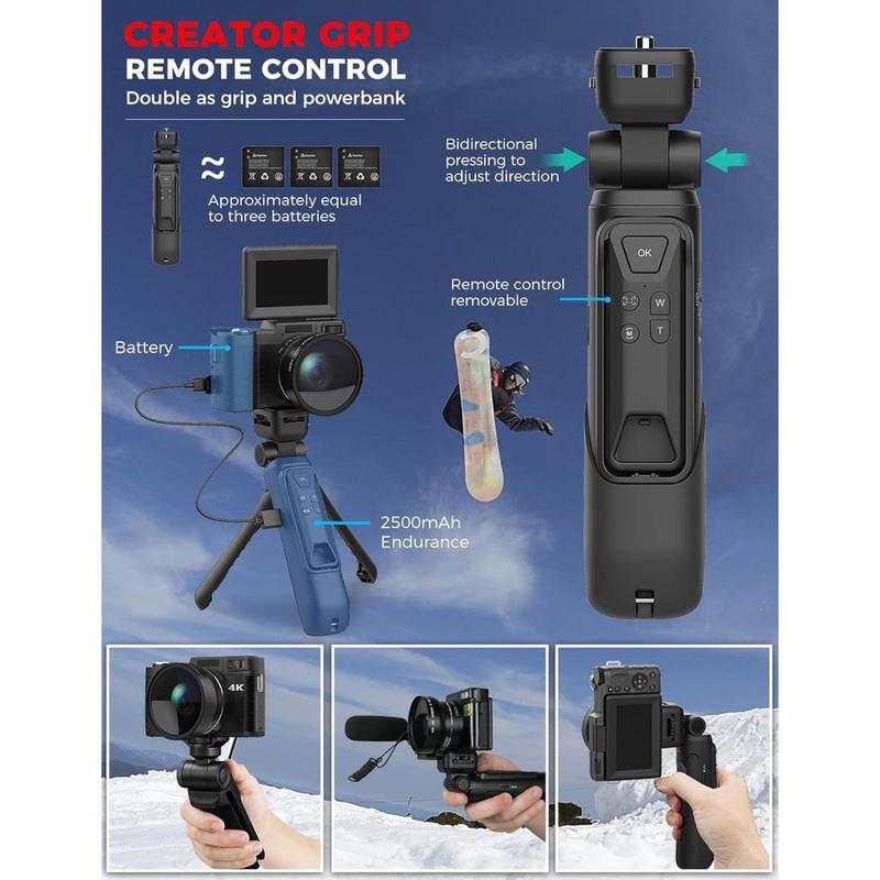 4K 48MP Remote Control Vlogging Camera for Vloggers  Digital Camera with Creator Accessory Kit Autofocus Flip Screen Photography Cameras with Tripod Grip, Wide-angle Macro lens, Mic, Batteries For Photographer Full HD Camcorder with Remote and Fill Light