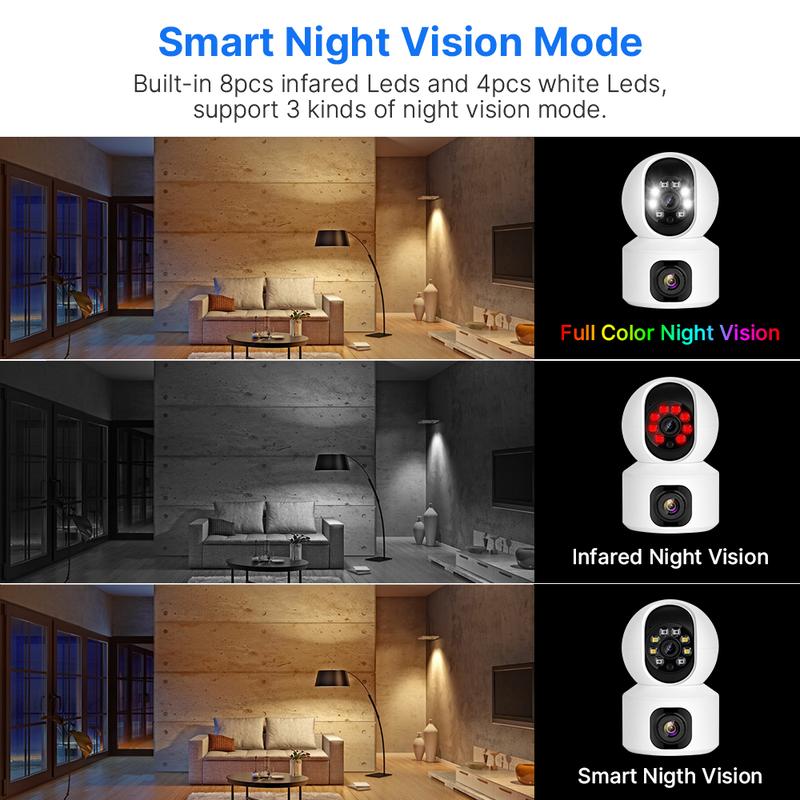 2K 360° PTZ Dual Lens PTZ Indoor Security Camera, 2.4G WiFi Smart Cam for Home, w Night Vision, Motion Detection, 2-Way Audio, Cloud & SD Card Storage