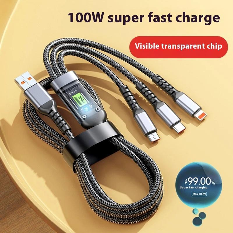 3 In 1 USB Data Cable, 100W Type C Data Cable, Super Fast Charging Cable, Aluminum Cellphone Charger Cable for iPhone Huawei Vivo OPPO