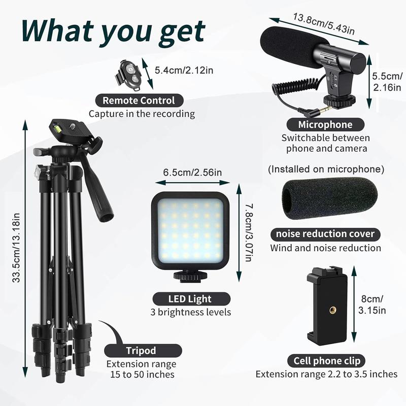 Video Blog Kit for YouTubers, 1 Set Telescopic Tripod & Microphone & Fill Light & Remote Control, Perfect Video Recording Accessories for iPhone & Android & Camera