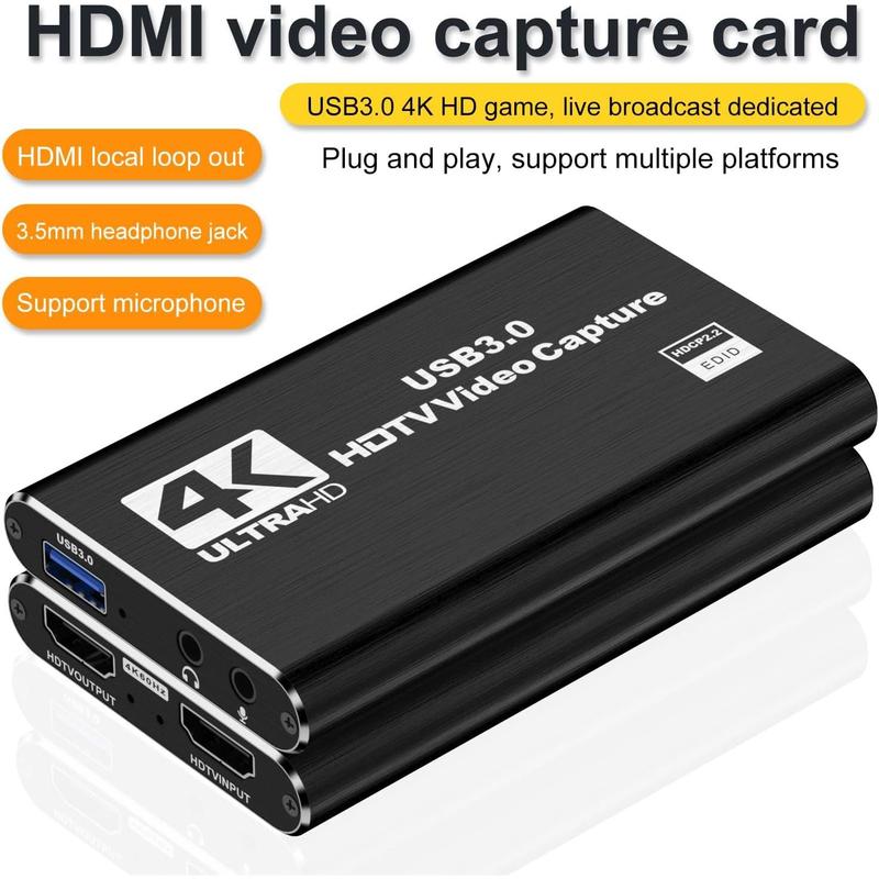 4K Audio Video Capture Card with HDMI ,USB 3.0, Full HD 1080P for  Recording, Live Streaming BroadcastingBlack