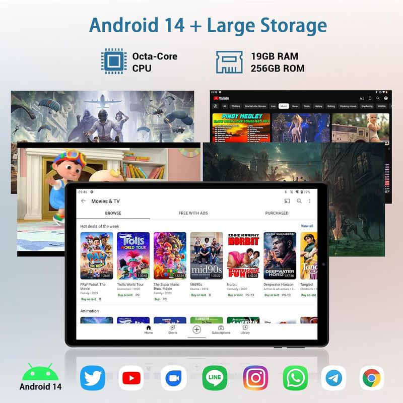 BlackFriday Android 14 Educational Gaming 256GB Tablet with Dual Camera and Silicone Case, 19GB(8+11)RAM 256GB Storage Tablet 2TB Expandable, 10.4 inch 2000*1200 IPS 4K Big Screen, Octa-Core Tablet PC with Keyboard & Mouse