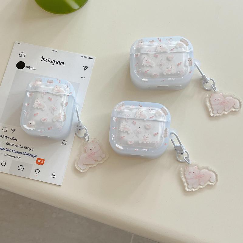 Cartoon Cat & Bowknot Design ​​Earphone Case with Pendant, 1 Count Decorative Earphone Protective Cover Compatible with AirPods 1 2 3 Pro 2 Pro