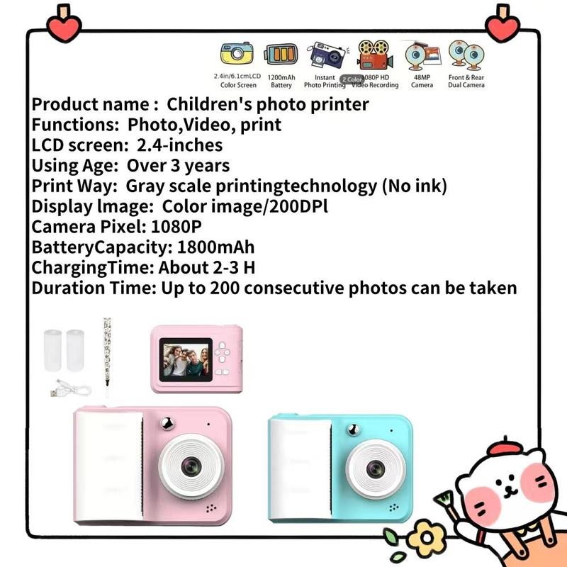 Instant Camera, 1 Count Rechargeable HD Video Camera with Printing Function, Digital Camera, Photo Gift for Kids, Birthday Gift, High Print Quality