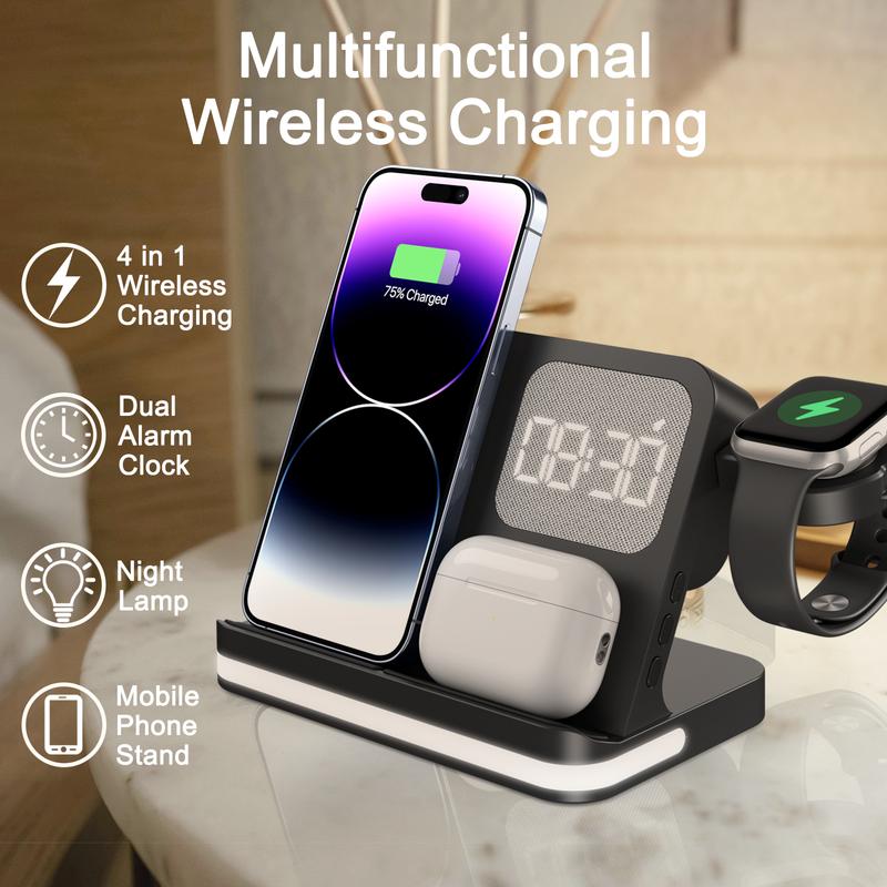 4-in-1 Wireless Charger Station for iPhone  AirPods   iWatch, Compatible Charger Stand with Night Lamp and Clock (Black)