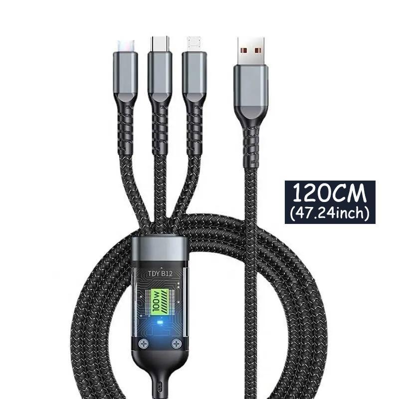 3 In 1 USB Data Cable, 100W Type C Data Cable, Super Fast Charging Cable, Aluminum Cellphone Charger Cable for iPhone Huawei Vivo OPPO