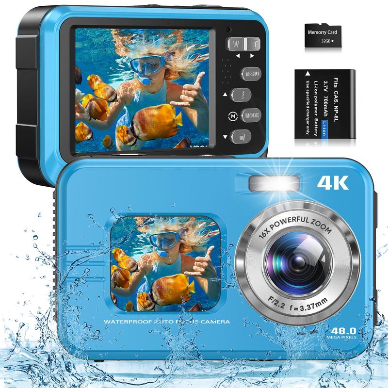 48MP Waterproof Digital Camera, Dual Screen 10ft Auto Focus Waterproof Camera Digital, 4K Video Resolution 16X Digital Zoom Underwater Camera, Vintage Digital Camera, Digital Cameras, Digital Cam, Outdoor Camera