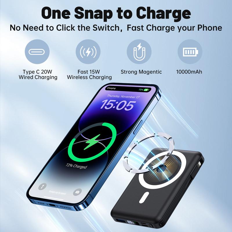 Yiisonger Magnetic Wireless Power Bank - 10000mAh Portable Charger 22.5W PD Fast Charging with Built-in Cables LED Display, Slim Magnetic Battery Pack for iPhone Accessories Smartphone Mobile Chargeable