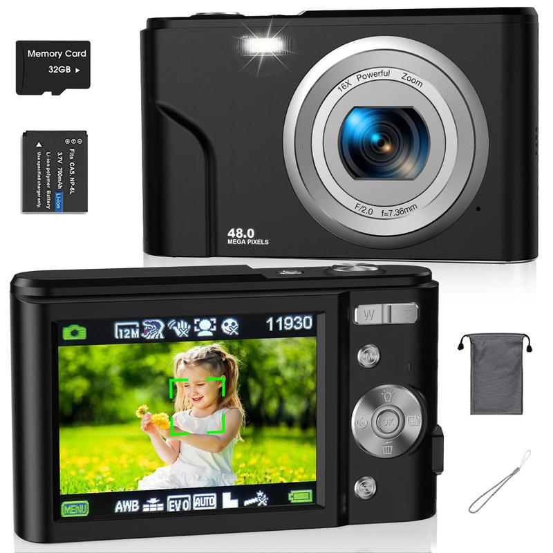 Auto Focus Digital Camera, 1 Count Full HD 1080P 48MP Mini Digital Cameras with 32G Memory Card, Ff (F 3.2, f=7.36mm), 16x Zoom Cameras for Pictures, Mini Camera, Digital Cameras for Teenagers Beginners, Point Shoot Cameras