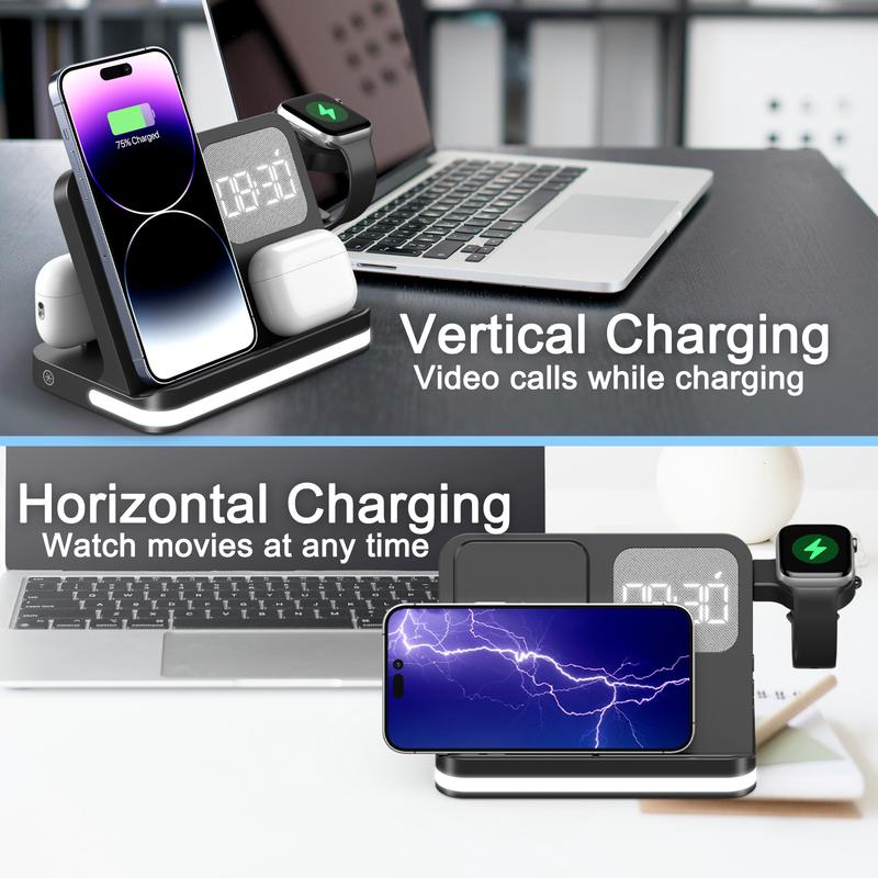 4-in-1 Wireless Charger Station for iPhone  AirPods   iWatch, Compatible Charger Stand with Night Lamp and Clock (Black)