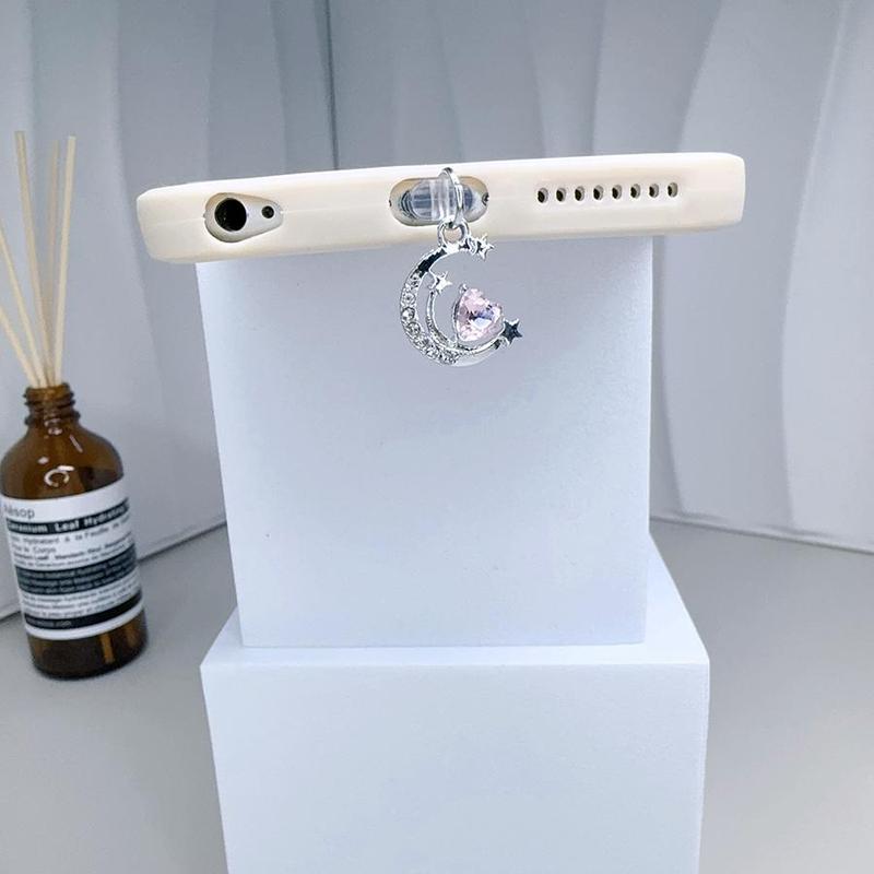 Moon & Star Design Phone Charging Port Dust Plug, Rhinestone Decor Phone Charging Port Dust Plug, Phone Accessories