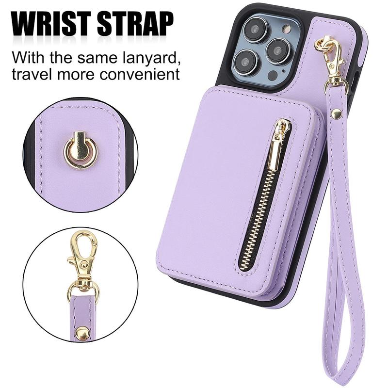 PU Leather Zipper Wallet Phone Case with Lanyard, 1 Count Shockproof Phone Case with Card Slot, Phone Accessories for iPhone 16 15 14 13 12 11 Series