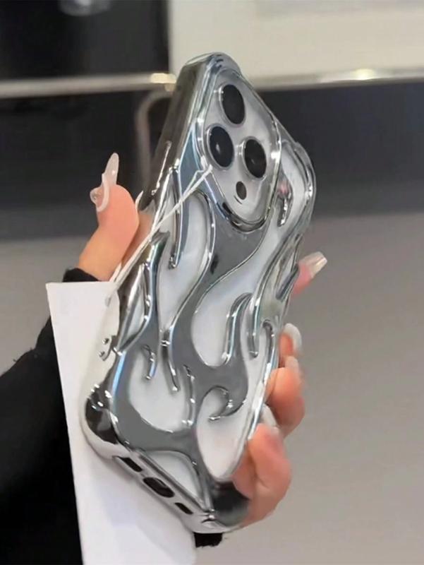 Silver Electroplated Hollowed Fire Flame Phone Case for iPhone 15 14 13 12 11 Pro Max Plus - Cool Boy Girl Soft Cover Creative Gift Shell - Accessories, Handheld