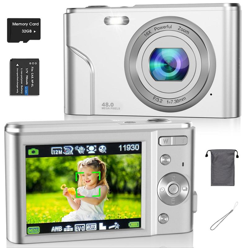 Auto Focus Digital Camera, 1 Count Full HD 1080P 48MP Mini Digital Cameras with 32G Memory Card, Ff (F 3.2, f=7.36mm), 16x Zoom Cameras for Pictures, Mini Camera, Digital Cameras for Teenagers Beginners, Point Shoot Cameras