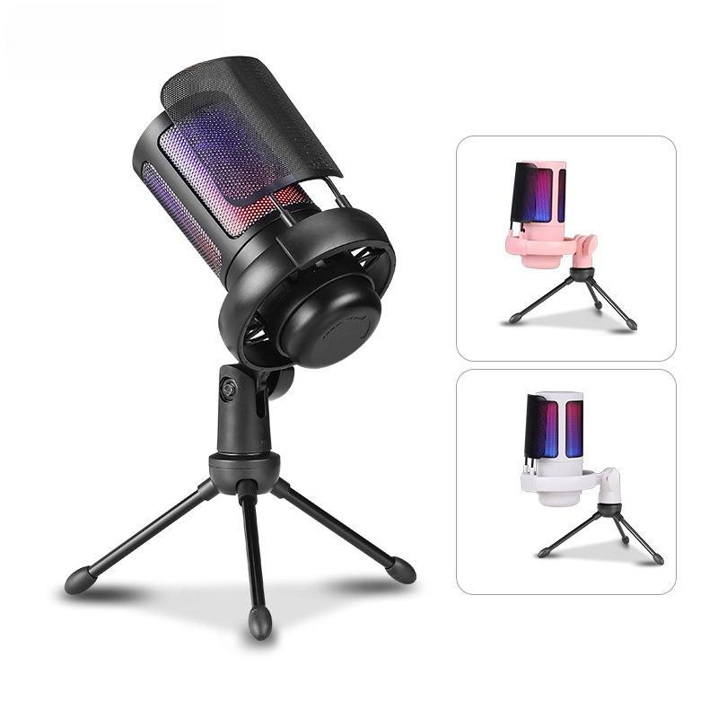 USB Microphone with Shockproof Stand & Colorful RGB Light, Plug & Play Noise Cancelling Microphone for Recording, Conferences & Gaming