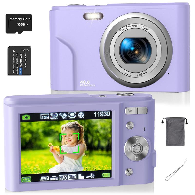 Auto Focus Digital Camera, 1 Count Full HD 1080P 48MP Mini Digital Cameras with 32G Memory Card, Ff (F 3.2, f=7.36mm), 16x Zoom Cameras for Pictures, Mini Camera, Digital Cameras for Teenagers Beginners, Point Shoot Cameras