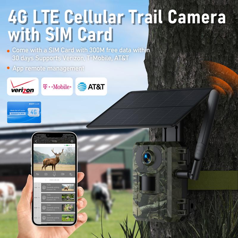 TC25 2K 4G LTE Cellular Trail Camera Solar Power Wildlife Camera with Motion Detection and Instant Notification