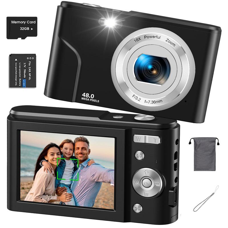 Auto Focus Digital Camera, 1 Count Full HD 1080P 48MP Mini Digital Cameras with 32G Memory Card, Ff (F 3.2, f=7.36mm), 16x Zoom Cameras for Pictures, Mini Camera, Digital Cameras for Teenagers Beginners, Point Shoot Cameras