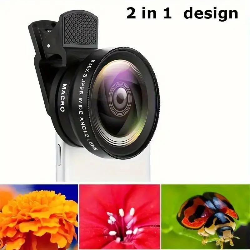 2 in 1 HD Camera Lens, 0.45x Wide Angle & Macro Focus Lens with Phone Clip, Mobile Phone Accessories for Outdoor Adventure, Hiking, Concert