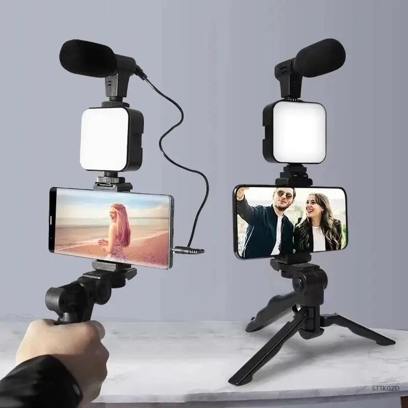 Video Making Kit, 1 Set Portable Tripod & LED Light & Microphone & Phone Clip & Audio Cable, Video Making Tool for Beginners, Camera Accessories