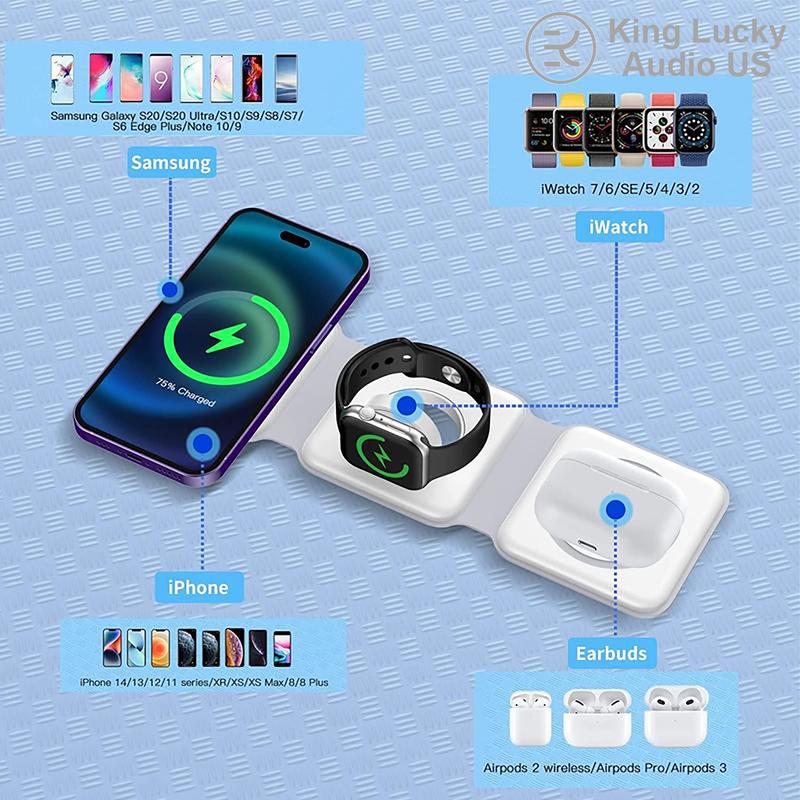 3 in 1 Fast Wireless Charging Pad, Magnetic Foldable 3 in 1 Charging Station, Compatible with iPhone 15 14 Pro ProMax Plus 13 12 11 XR XS Series, Apple Watch Ultra1, 2nd Generation Series 9 SE, AirPods 3 2 Pro (White),A must-have on the go! Waterproof