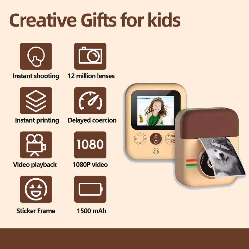 Instant print camera for kids, creative Christmas and birthday gift for boys and girls ages 6 and up, HD digital camera with thermal paper, educational children's toy camera, portable instant print camera, includes 32GB SD card Charging