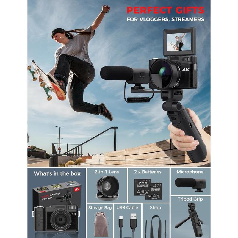 4K 48MP Remote Control Vlogging Camera for Vloggers  Digital Camera with Creator Accessory Kit Autofocus Flip Screen Photography Cameras with Tripod Grip, Wide-angle Macro lens, Mic, Batteries For Photographer Full HD Camcorder with Remote and Fill Light