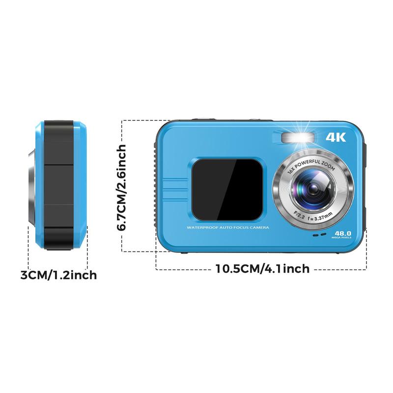 48MP Waterproof Digital Camera, Dual Screen 10ft Auto Focus Waterproof Camera Digital, 4K Video Resolution 16X Digital Zoom Underwater Camera, Vintage Digital Camera, Digital Cameras, Digital Cam, Outdoor Camera