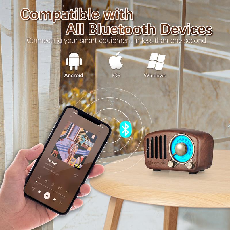 Vintage Greadio Walnut Wood 5.0Bluetooth Speaker Radio -Bass Enhancement,Hifi,Android ios Windows, MP3&FM Radio,TF card Audio viral Smartphone