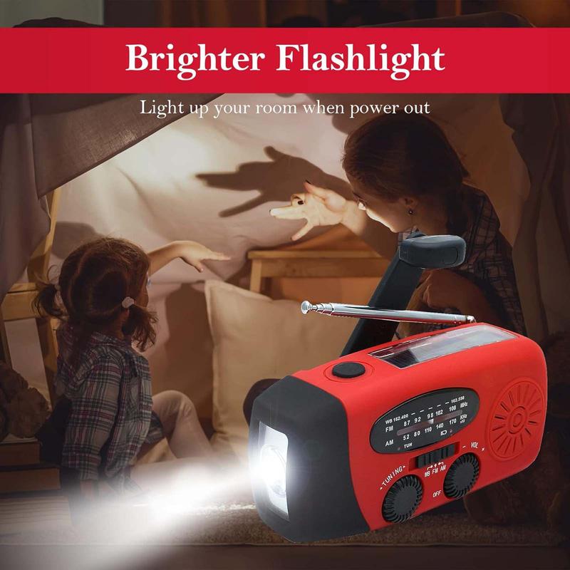 Portable Mini Emergency Radio! FM AM NOAA, hand crank solar powered. 2000mAh battery, SOS alert, 3 LED flashlight & phone charger.